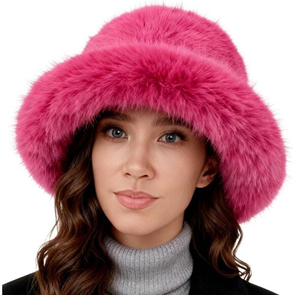 Women\'s Dark Pink Oversized Winter Long Pile Fur Wide Moldable Brim Warmer Cap